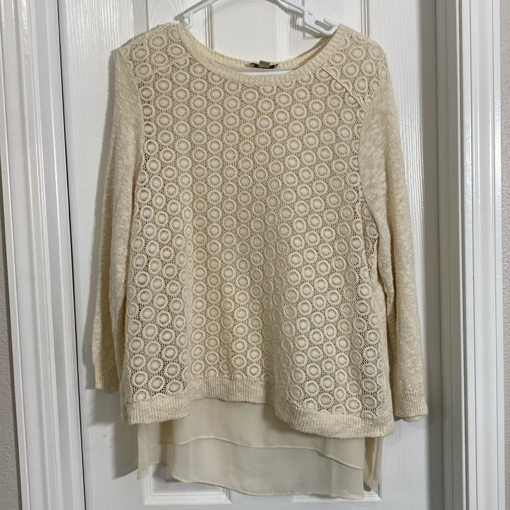 Lucky Brand Linen Cotton Knit and Lace beige sweater with Sheer Underlay- Large